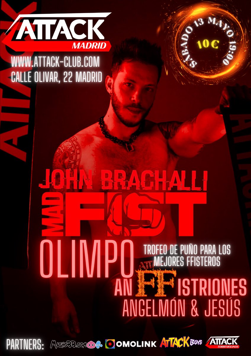 No te pierdas la fiesta 🤜 MAD FIST 🤛, en  ATTACK CLUB MADRID, con sling y bancos por todo el bar para que juegues a saco‼️

La noche de los culos viciosos y los puños.

Invitado especial: <a href="/JOHNBrachalliXX/">JOHN BRACHALLI</a> ‼️

⬇️MÁS INFO AQUÍ ⬇️

attack-club.com/es/fiestas/gay…

instagram.com/p/CsHzL6yKLXA/…
