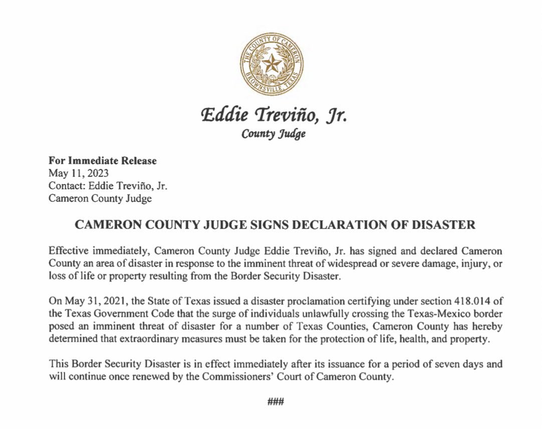 nicksortor's tweet photo. 🚨 BREAKING: A judge in Cameron County, TX (Brownsville) has signed a DECLARATION OF DISASTER in response to the “imminent threat of widespread or severe damage, injury of loss of life or property resulting from the Border Security Disaster.” https://t.co/aWttPYpWqo