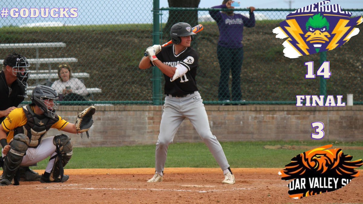 The Thunderducks open the district tournament with a win vs. Cedar Valley

WP: J. Blaede; 6IP, 4H, 3ER, 7K

Gelpi: 2-3 3RBI
Biediger: 3-5 2B, HR (17), 5RBI
Chalman: 3-5 RBI
Fratus: 3-5 HR (12),4RBI
Hendrix: 2-4
Markham: 3-4
Pena: 2-4