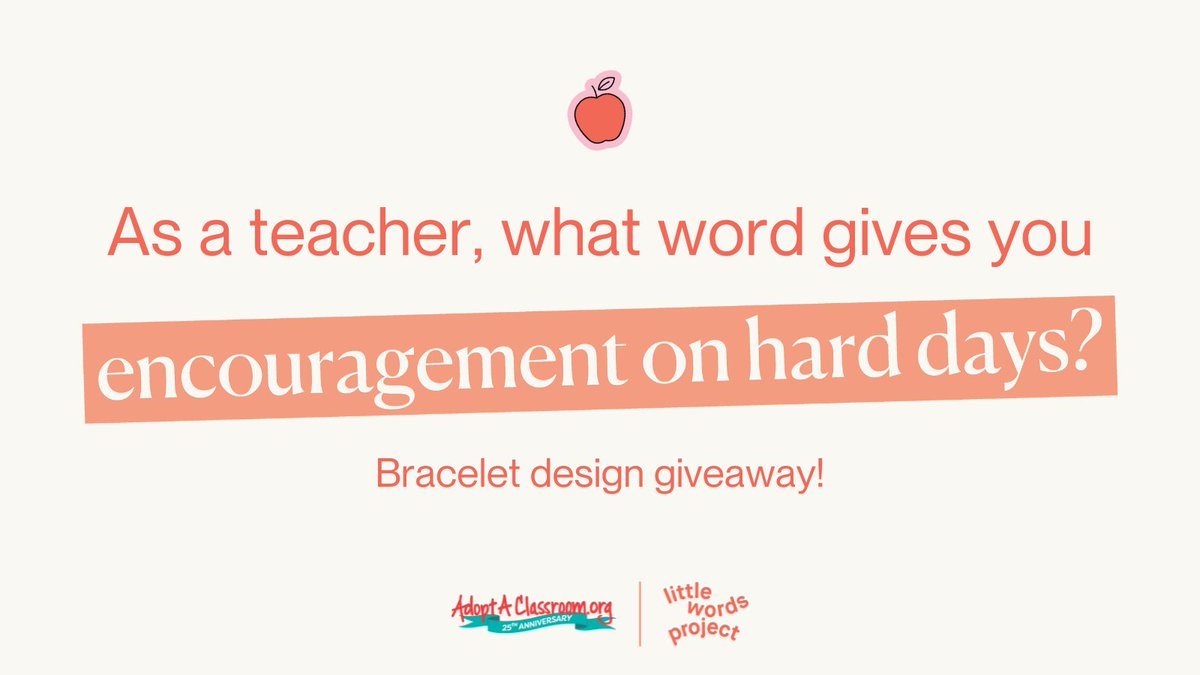 TEACHER BRACELET CONTEST! Reply with your idea for a new word for a @littlewordproj bracelet. Your answer might win you $100 on AdoptAClassroom.org and a beaded word bracelet with your suggested word! #SELChat

Contest Rules: adoptaclassroom.org/2023/04/26/500…