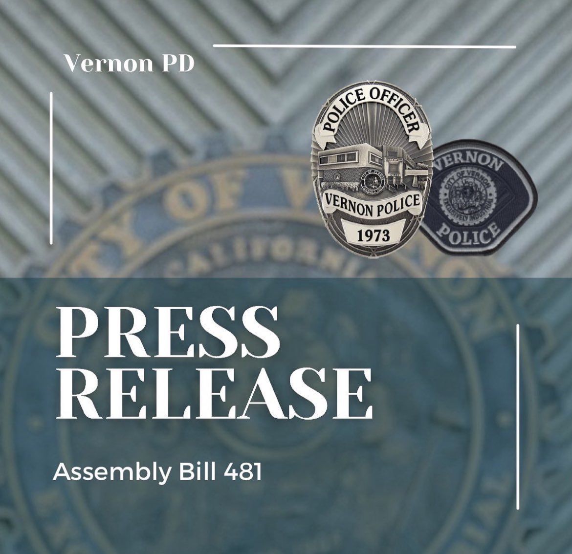 VernonPD's tweet photo. PRESS RELEASE 🗞️

On 06/06/23 at 0900 hours, Vernon PD will provide a presentation during the City Council Meeting regarding AB 481- Military Equipment Use Policy. 

For more information, click on the link our bio. 

#VernonPD #VPD #AB481 #MilitaryEquipment https://t.co/bBUmTuOhn0