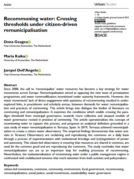 USJ_online's tweet photo. Latest study from @Dona_gea, Kaika and Dell'Angelo concludes that water #remunicipalisation can act as an important step for enabling processes of #recommoning. #WaterGovernance https://t.co/8nNHBy0qPY https://t.co/Djw8OamTIO