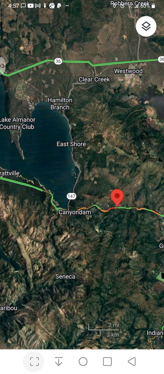 Slide reported by CHP on HWY 89 east of #LakeAlmanor after 5.4 #earthquake 
🔻slide area map = 2nd photo
🔻EQ location = 1st photo