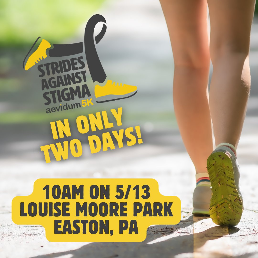 Join us this Saturday 5/13 at 10am at Louise Moore Park in Easton, PA for this FREE event featuring music, activities, food, and more.

Register at aevidum.com/cms/5k or sign up on Saturday morning 

 #endthestigma #runner #walk #5k #lehighvalley #eastonpa
