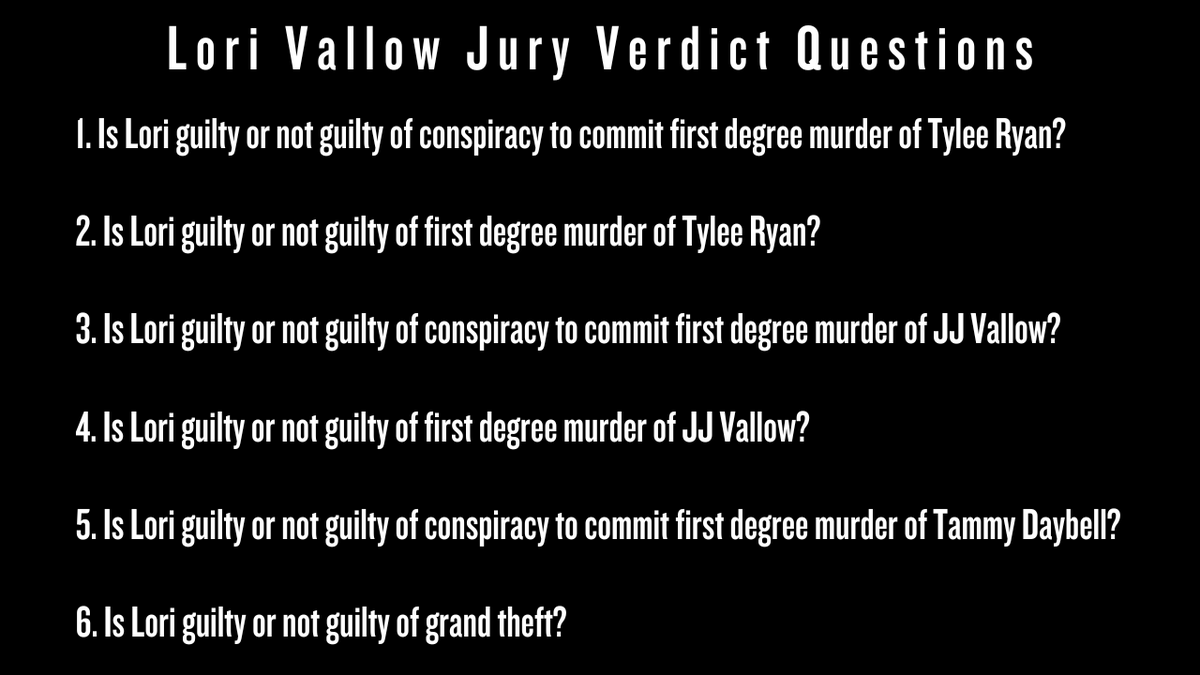 Here are the 6 questions on the verdict form that the jury members in the Lori Vallow trial are currently still deliberating over.  #LoriVallow #LoriVallowDaybell #LoriVallowTrial #ChadDaybell