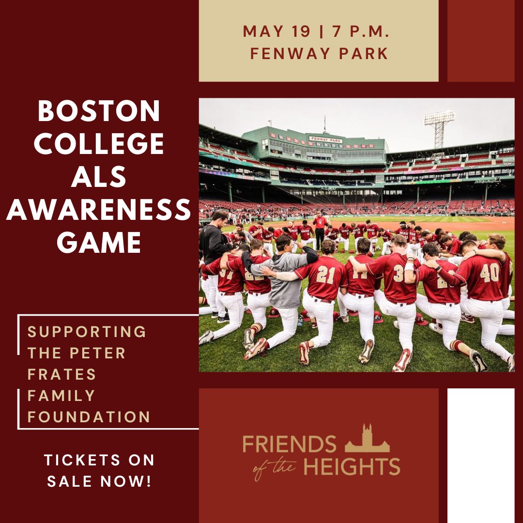 Ozzy Trapilo (@ozzytrapilo) on Twitter photo The Annual ALS Awareness Game returns to <a href="/fenwaypark/">Fenway Park</a> on May 19 with @BCBirdball. Tickets are $15 and proceeds benefit the Peter Frates (’07) Foundation. Get yours now: redsox.com/alsgame or visit <a href="/HeightsFriends/">Friends of the Heights</a> The Annual ALS Awareness Game returns to <a href="/fenwaypark/">Fenway Park</a> on May 19 with @BCBirdball. Tickets are $15 and proceeds benefit the Peter Frates (’07) Foundation. Get yours now: redsox.com/alsgame or visit <a href="/HeightsFriends/">Friends of the Heights</a>