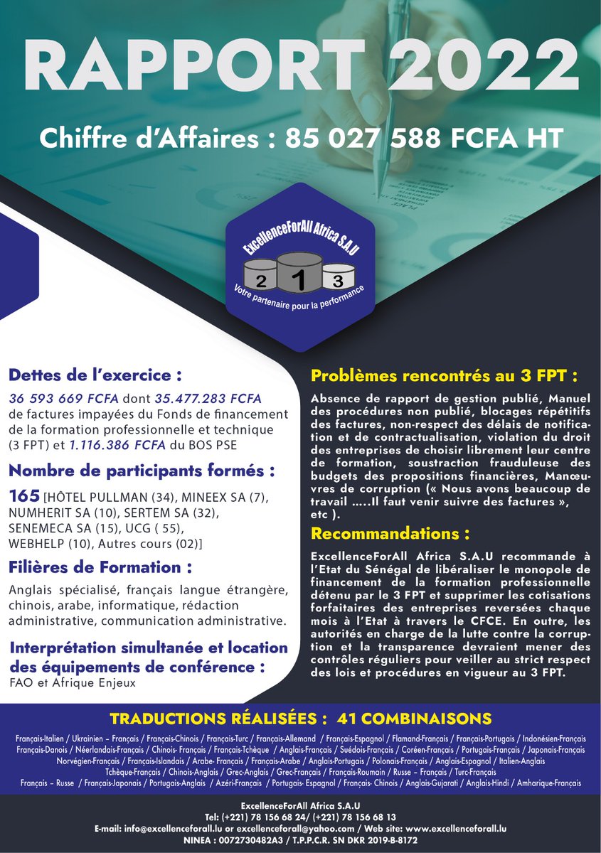 ExcellenceForAll Africa appelle l'Etat du Sénégal de se pencher aux recommandations du rapport d'activités 2022 concernant les manquements graves au fonds de financement de la formation professionnelle et technique