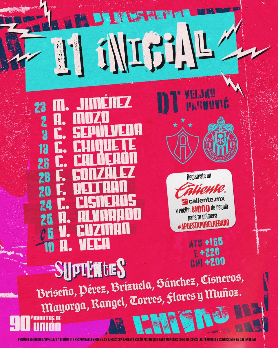 Chivas's tweet photo. 🔴⚪️ ¡ESTA ES LA ALINEACIÓN DEL GUADALAJARA QUE BUSCARÁ LA VENTAJA EN LA IDA DEL #CLÁSICOTAPATÍO! ⚪️🔴

¡VAMOOOOOS, CARAJOOOOO! 🔥

#ApuestaPorElRebaño en @calientesports 🔥📲
👉 https://t.co/lW6iHG8HYM https://t.co/QK43fRIZfp