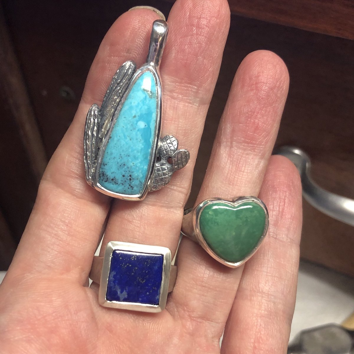 Works in progress. 💙💚💙 #jewelrymaking #heart #turquoise #lapis #carrienunesjewelry