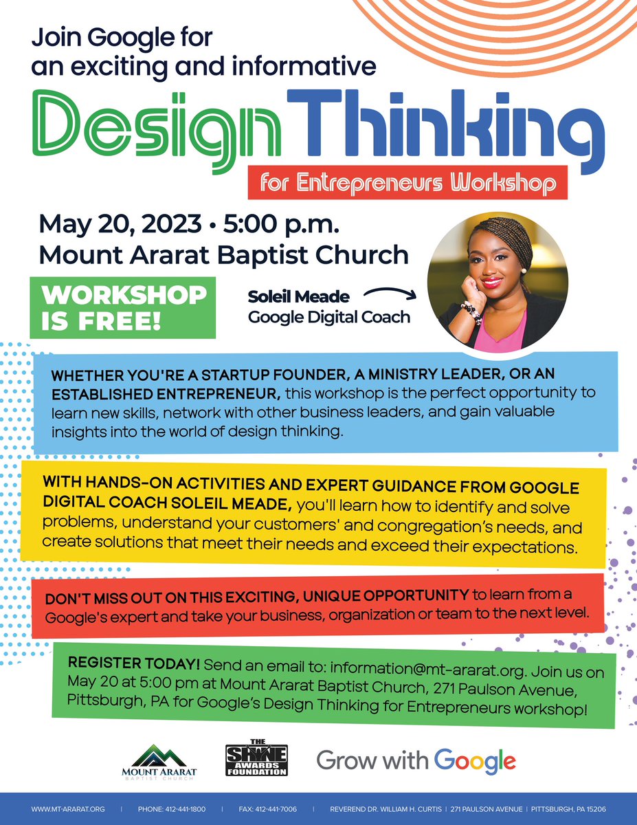 MountAraratPGH's tweet image. Join us for the first Google workshop on May 20 at 5pm at Mount Ararat Baptist Church! Learn how to apply design thinking principles to drive innovation and growth in your business. Registration is required, so sign up now to secure your spot. #GoogleWorkshop #DesignThinking