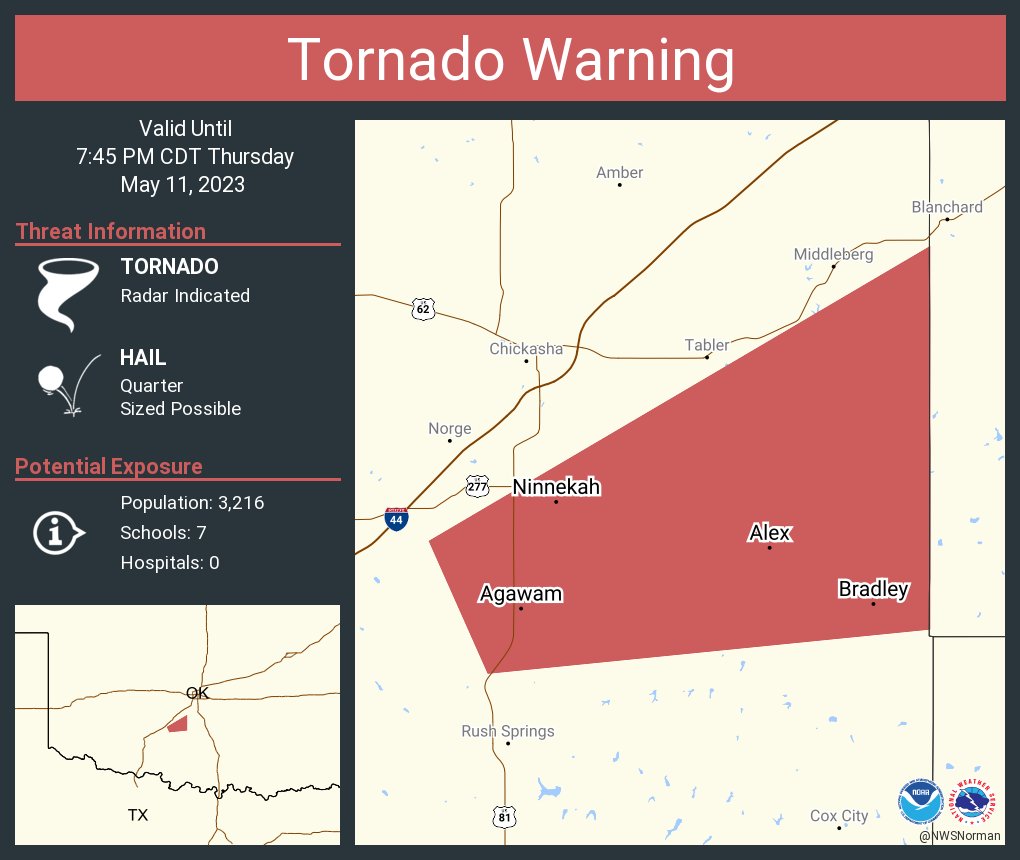 NWS Tornado on Twitter "Tornado Warning including Ninnekah OK, Alex OK and Bradley OK until 7