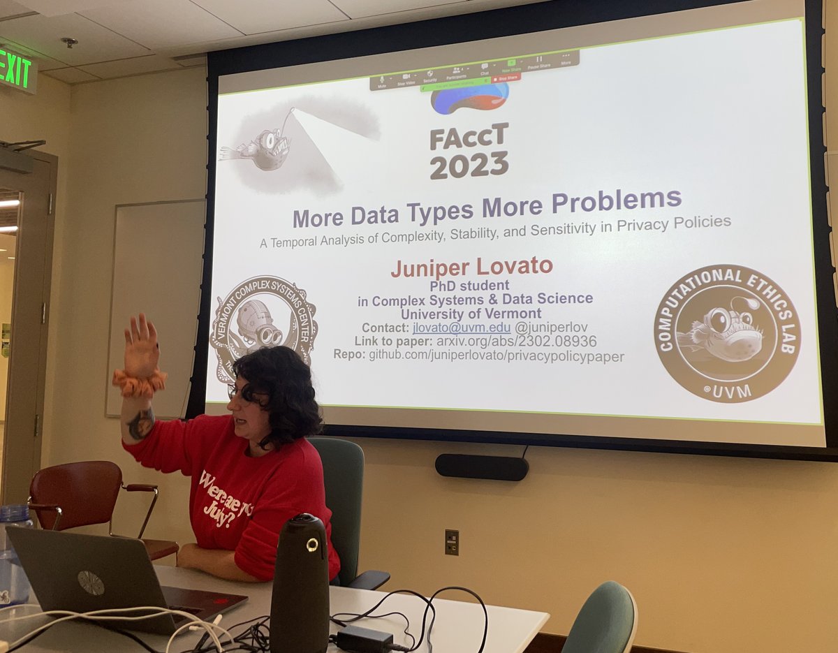 compstorylab's tweet photo. "More Data Types More Problems: A Temporal Analysis of Complexity, Stability,
and Sensitivity in Privacy Policies"

Story Time last week w/@uvmcomplexity PhD student @juniperlov talking about her FAccT 23 paper w/us plus @ParisaSuchdev &amp; Philip Mueller 

https://t.co/pXejXAmdHJ https://t.co/jxe0O8L2ki