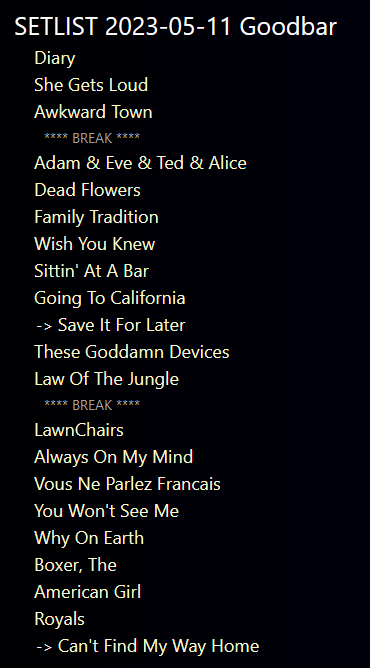 thebigfellas's tweet photo. Loving the every Thursday 6-8pm music at @GoodbarSD - the first of every month is Charlie w @spuddavenport which also qualifies as a @LITClubhouse show.  Always fun.

For anybody scoring at home (👍), here's a screen cap of Charlie part of setlist.

Drop in any Thursday! https://t.co/C5qBI3p4L7