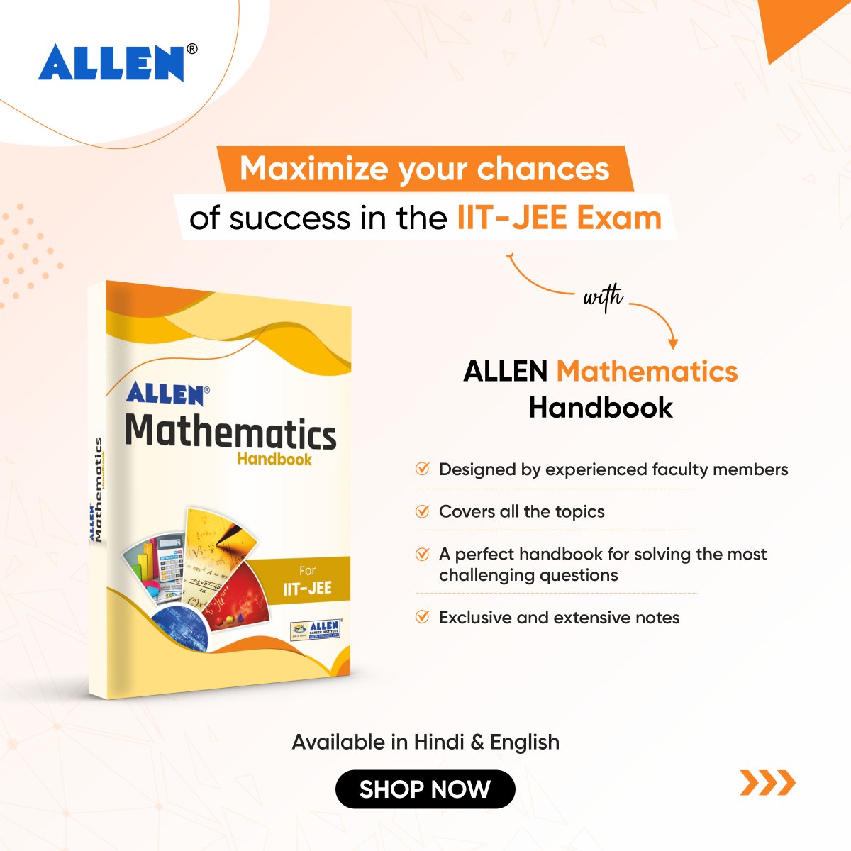 ALLENkota's tweet photo. βπ» Give a stellar performance in IIT-JEE with our Handbook combo for JEE Advanced 2023!
π So, Why wait? Hurry up and SHOP NOW !
π Visit: https://t.co/uN7souLSa2
π« Available in Hindi & English.
#ALLENBooks #Handbooks #StudyBooksAtDoorstep #ALLENKota #Bookstagram #IITJEE #JEEAdvanced #JEE2023.