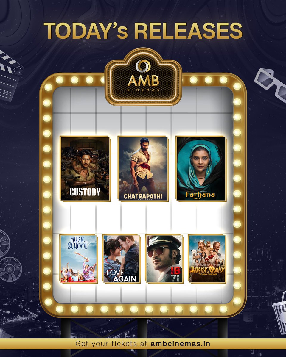 Lights, camera, action! 
Check out today's new releases 🎬🍿

#Custody #Chatrapathi #Farhana #MusicSchoolMovie #LoveAgain #IB71 #AsterixAndObelix

Book your tickets now at #AMBCinemas 

bit.ly/AMBBookings 🎫