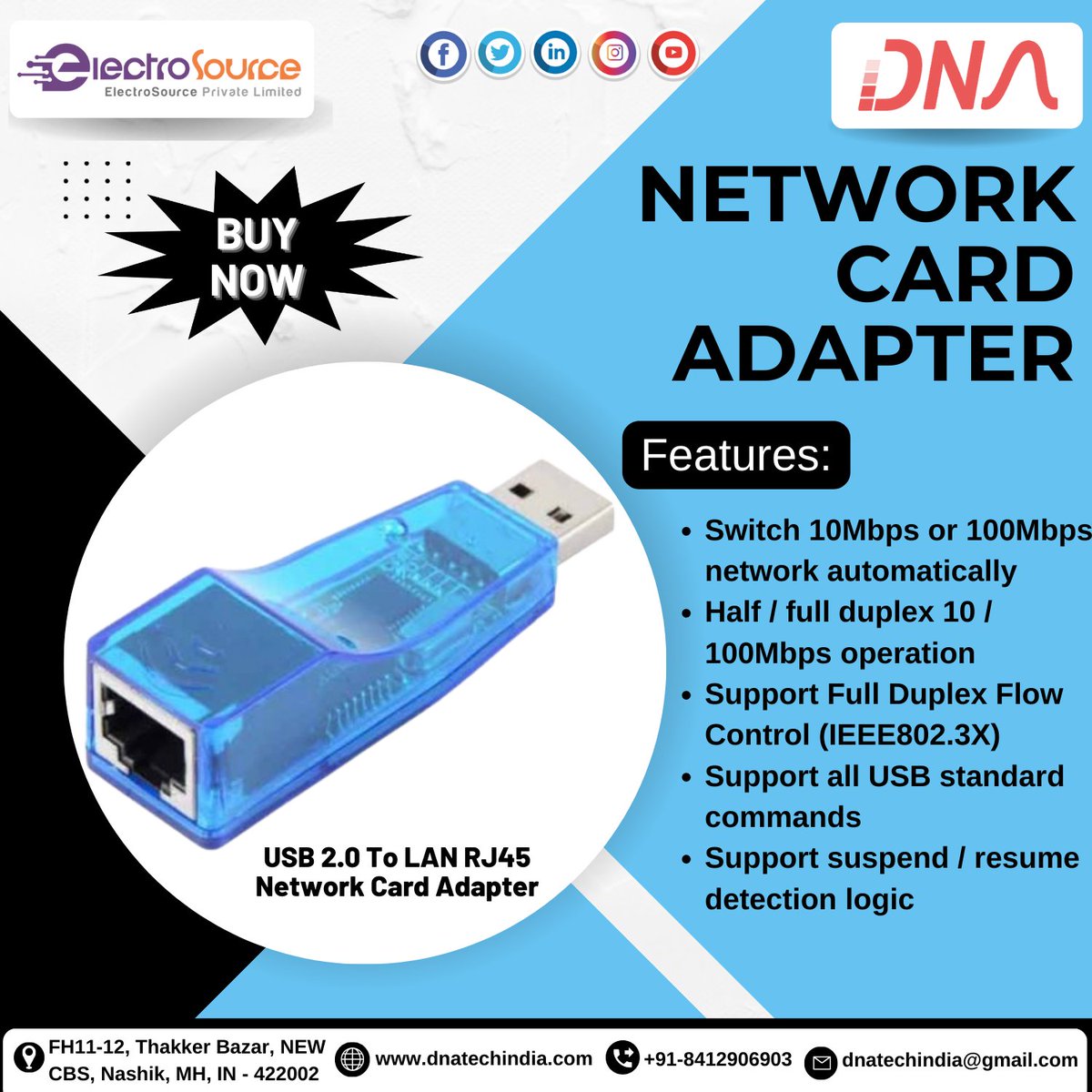 dnatechindia's tweet photo. Network Card Adapter
USB 2.0 To LAN RJ45 Network Card Adapter
#networkcard #adapter #switch #mbps #network #automatically #half #full #duplx #flow #control #support #fullduplex #support #usb #commands #suspend #resume #detection #logic #Features #electronicstore #nashikcity https://t.co/2N9H1eXZDc