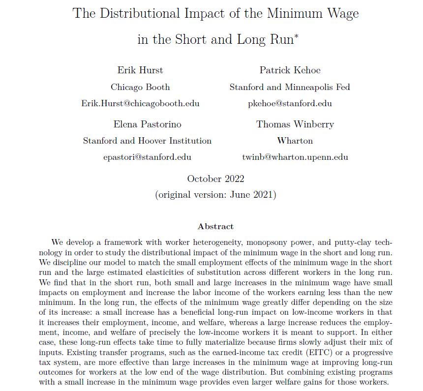 iiboshi_2022's tweet photo. Kehoeら"The Distributional Impact of the Minimum Wage  in the Short and Long Run"、短期では最低賃金引上げはCard&amp;Krueger(94)のように雇用を改善。長期では大幅引上げは機械導入を促進し雇用は悪化。自然実験+因果推論は短期効果の識別に威力発揮、ヘテロ+構造推定は長期効果の識別に威力発揮。 https://t.co/QemX9ldMdD