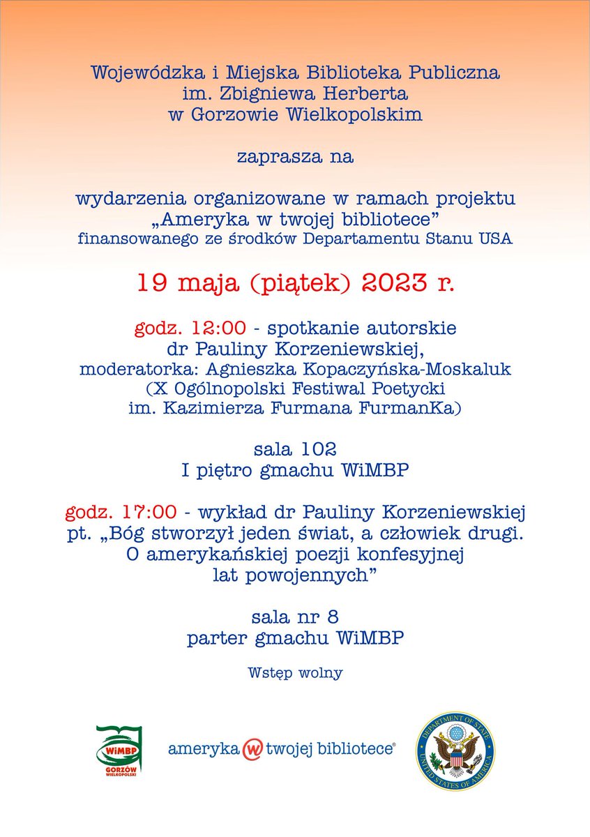 WiMBP's tweet photo. 19 maja w ramach projektu Ameryka w Twojej Bibliotece dwa spotkania w @WiMBP ze znawczynią poezji amerykańskiej, dr Pauliną Korzeniewską.
Szczegóły w afiszu, zapraszamy!

#Americaatyourlibrary https://t.co/PMueqP9ypv
