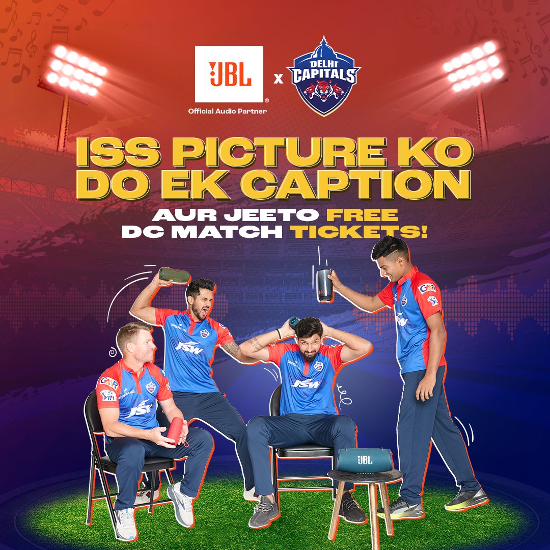 JBLSoundIn's tweet photo. Please RT!
Caption this with a song or lyric aur jeeto 🎟️FREE TICKETS 🎟️to the @DelhiCapitals match taking place on 20th May at Arun Jaitley Stadium  Don’t miss out on this chance and get commenting NOW!  

#JBLxDC #JBL #RoarKaShor #DelhiCapitals #Contest #ContestAlert #Cricket https://t.co/dKSSKn3i7a
