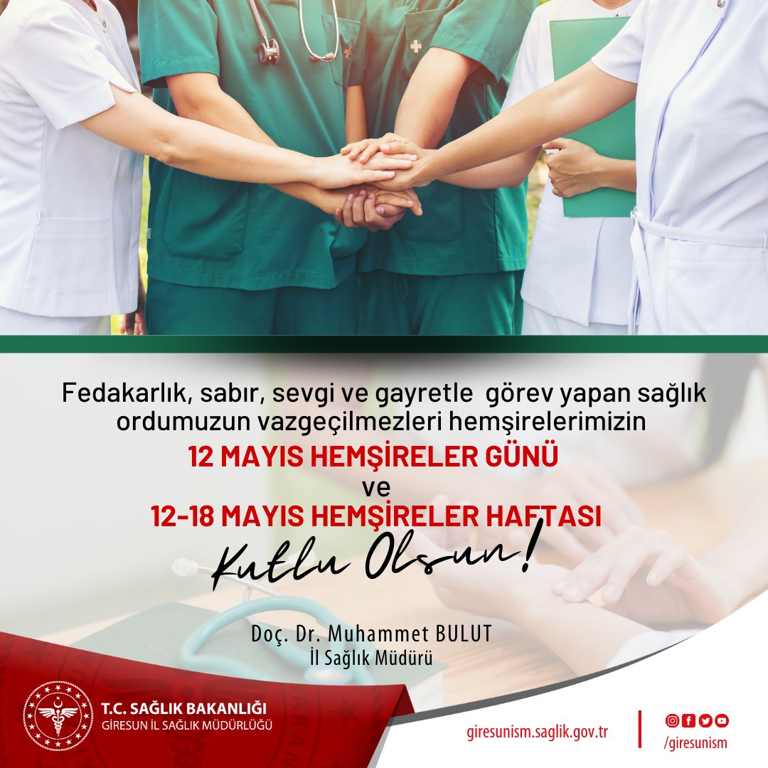 Fedakarlık, sabır, sevgi ve gayretle 
görev yapan sağlık ordumuzun vazgeçilmezleri hemşirelerimizin 
12 Mayıs #HemşirelerGünü ve
12-18 Mayıs #HemşirelerHaftası 
kutlu olsun.

#iyikivarsınız