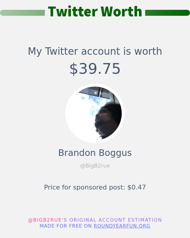 BigB2rue's tweet photo. My Twitter worth is: $39.75

➡️ https://t.co/dlogOvYouQ https://t.co/kbgv5ge7Dz