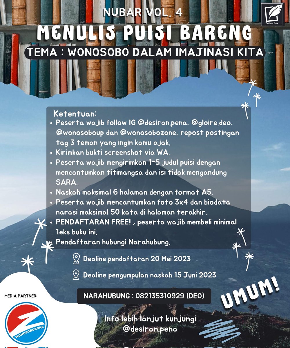 gloiredeo's tweet photo. Yang di area wonosobo bisa banget nih!!! 
#wonosobo #menulispuisi #puisi #buku https://t.co/2VRDTOF7L2