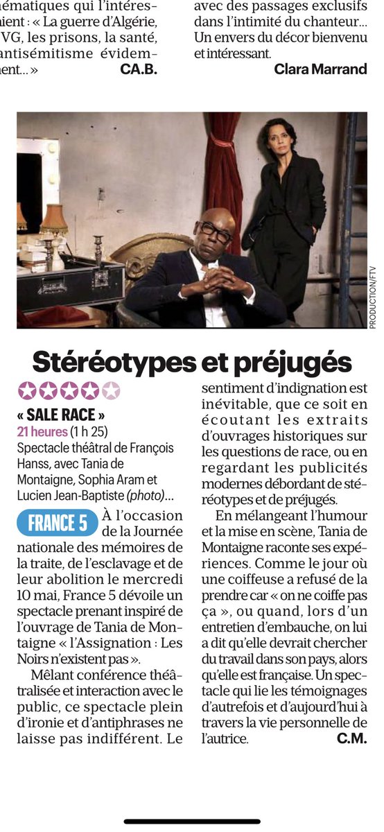 Ce soir @France5tv <a href="/demontaignetan/">tania de montaigne</a> émeut, indigne, fait rire et réfléchir avec son spectacle #SaleRace, mêlant avec brio l’histoire des stéréotypes racistes et son parcours personnel <a href="/Francetele/">France Télévisions</a>