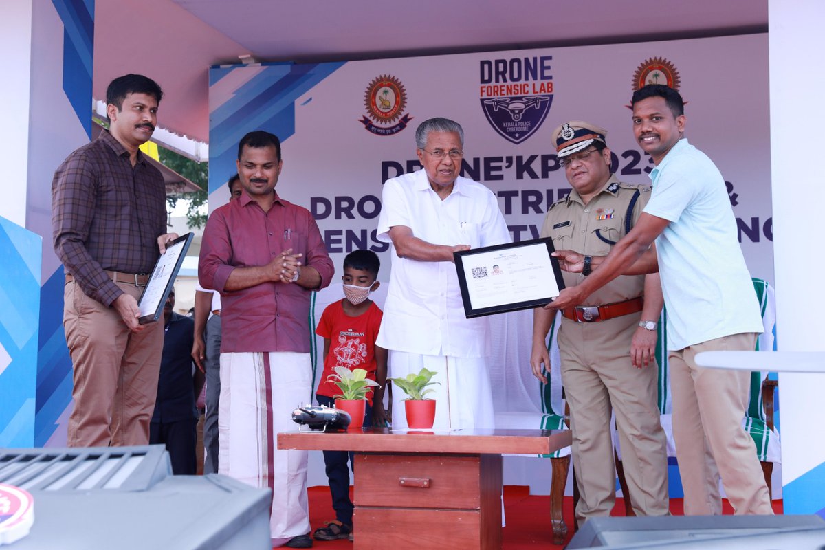 Drone'KP 2023, organised by Kerala Police Cyberdome inaugurated by Hon'ble CM Sri. Pinarayi Vijayan, also CM launched Drone Forensic solution'DroneX' and distributed High performance surveillance drones to all Police Districts and presented certificates to DGCA drone Pilots.