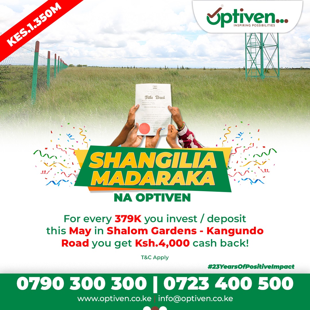 SteveKibui's tweet photo. Do you eye investment along Kangundo Road? Optiven has you covered with Shalom Gardens at Kantafu.

Invest with a minimum deposit of 379k and get a 4k Cashback to enjoy Your Madaraka

Call 0723400500 for more details.
#MadarakaNaOptiven https://t.co/XNcNGKJhNK
