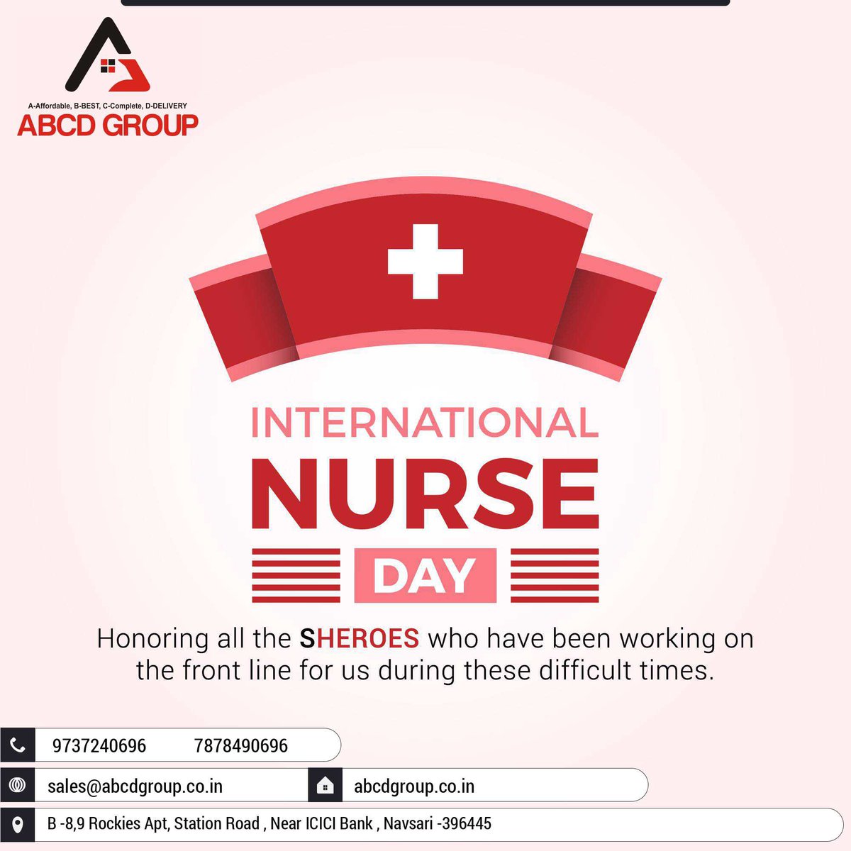 Greetings from ABCD GROUP
                    #InternationalNursesDay #HealthcareProfessionals #NurseEmpowerment #NurseDedication #NursingResearch #NursesDay #NurseInspiration #NursingEducation #NurseWellness #NurseLeadership