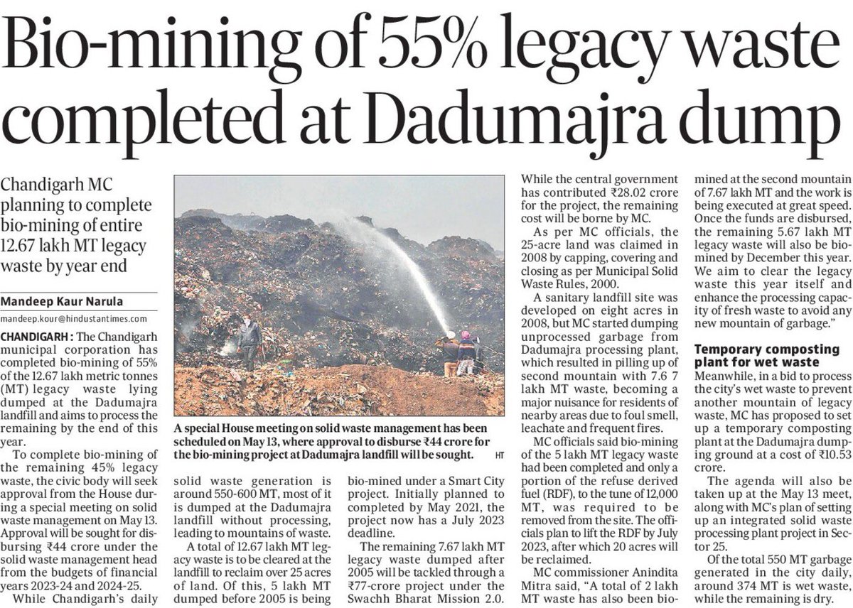mandeepnarula12's tweet photo. Bio-mining of 5 lakh MT #legacywaste had been completed and a total of 2 lakh MT waste has also been bio-mined at the second #garbagemountain of 7.67 lakh MT, says @MCChandigarh.

#chandigarh https://t.co/V8xAi3rVkH