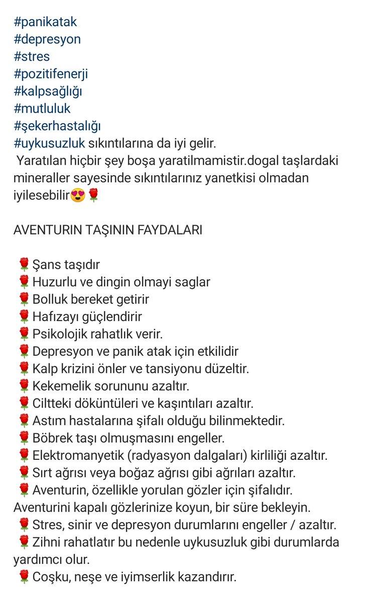 Cumanın hayır ve bereketi üzerimize olsun inşallah #Hayırlıcumalar

💚💚💚 AVENTURİN 💚💚💚
Rengi ne kadar güzel değil mi huzur veriyor🥰

#panikatak
#depresyon
#stres
#pozitifenerji
#kalpsağlığı
#mutluluk
#şekerhastalığı
#uykusuzluk sıkıntılarına da iyi gelir
 
Rt eder msnz 🤗