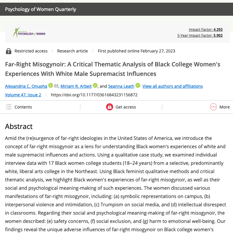 NEW #RESEARCH ALERT:  @MimiArbeit @SeannaLeathPhD & colleague #publish new work entitled 'Far-Right #Misogynoir: A Critical Thematic #Analysis of Black College Women's #Experiences With White #MaleSupremacist Influences.' Read more -> journals.sagepub.com/doi/10.1177/03…