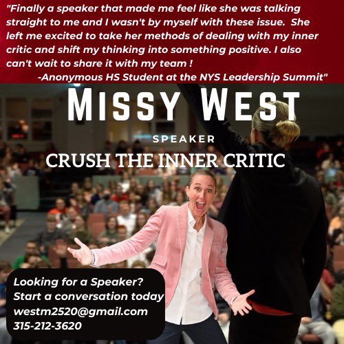 Missy West (@missywest25) on Twitter photo Let’s connect to see how I can help. Email westm2520@gmail.com!
#innercritic #positiveselftalk #leadership #speakerlife #keynote #athletes #sportscoaches #sportsparents #youthcoaches #athleticcoach #speaker #professionalspeaker #mentalhealth #mentalwellness Let’s connect to see how I can help. Email westm2520@gmail.com!
#innercritic #positiveselftalk #leadership #speakerlife #keynote #athletes #sportscoaches #sportsparents #youthcoaches #athleticcoach #speaker #professionalspeaker #mentalhealth #mentalwellness