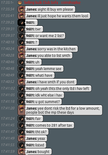 HabboFrauds's tweet photo. 🕵️ BEWARE: The user 9601 scammed James for 281c in his "Selling bulk club sofas" room. He just bans you after you buy the marketplace item he lists in replace of said items. 

#Habbo #Scam #9601 #EHS #EndHabboScams #ScamAlert #HabboMafia https://t.co/E8FbPZTmET