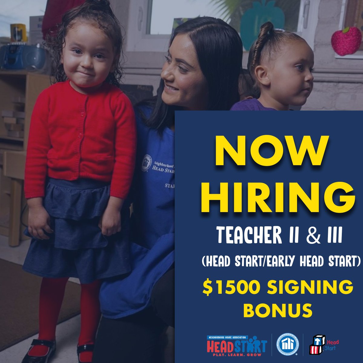 Neighborhood House Association, Head Start is Hiring Teachers! 
New hires for this position will receive a $1,500 Signing bonus as well all the amazing benefits of NHA employees.  

Apply at: neighborhoodhouse.org/career-opportu… 

#teacherswanted #education #joinourteam #makeadifference