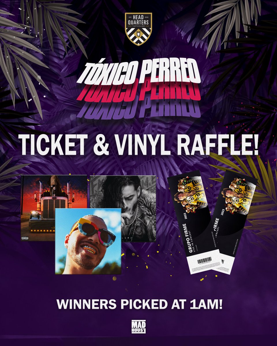 #ToxicoPerreo at #Headquarters Central TONIGHT!😈 🎺

**We Are Raffling 3 Vinyl Records &amp; One Person Will Win (2) GRUPO FIRME TICKETS TO THEIR SHOW ON SATURDAY, 4 Winning Tickets Will Be Picked at 1am! Must Be Present To Enter &amp; Win **

Table Reservations, Text 915-593-9271!