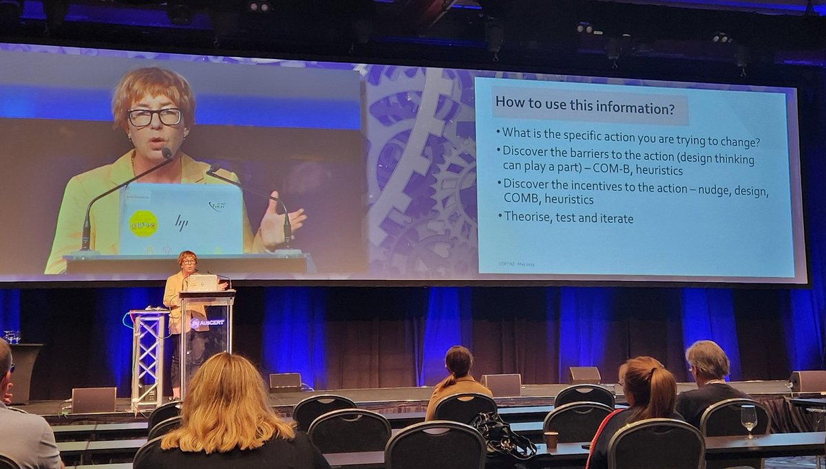 Practical advice from Jane O'Loughlin at <a href="/CERTNZ/">CERT NZ</a>
on behaviour change, see their website for free resources on this 😀 #AusCERT2023