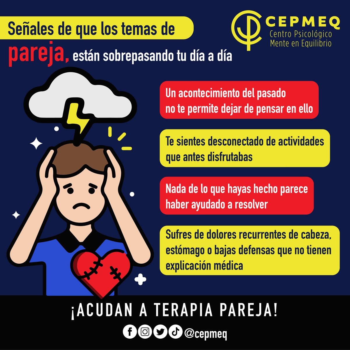 cepmeq's tweet photo. ¿Qué costo le ponemos a nuestro bienestar emocional? Recuerda que siempre serás tú mejor inversión. Nosotros podemos apoyarte con #terapiapresencial #terapiaonline 5537258152
#couples #terapiadepareja #terapiaindividual #saludmental #matrimonio #novios #mentalhealth #mindfulness https://t.co/1VPhb2FpY7