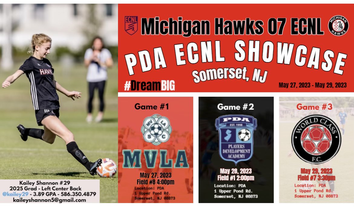 Excited to head to New Jersey in a few weeks and play 3 of the top clubs in the country. Below is my schedule if you can make the time to come and watch. Let’s go 07 Hawks