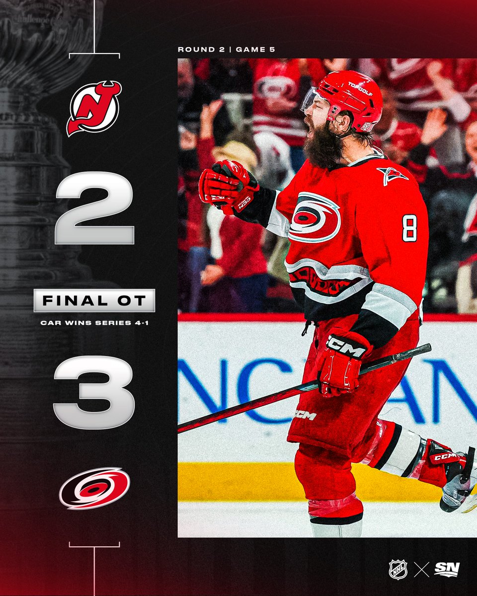 Sportsnet's tweet photo. GET LOUD CANIACS! 🗣️
 
The @Canes book their ticket to the Eastern Conference Finals with their Game 5 win over the Devils in the #StanleyCup Playoffs. https://t.co/sVd8iBaB2u
