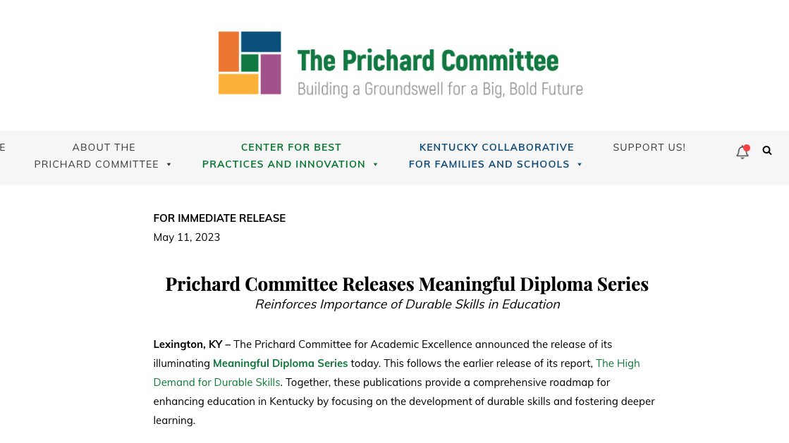 KY DL friends, this is big for us. <a href="/PrichardCom/">Prichard Committee</a> is our state community ed. leader &amp; public conscience. Today, they joined the effort to advance DL models focused on delivering a Meaningful Diploma based on Durable Skills w/ this 4 part report. #Proud prichardcommittee.org/prichard-commi…