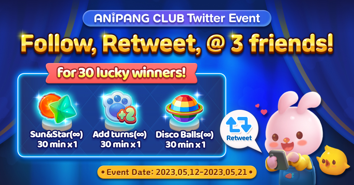 anipang_club's tweet photo. 🚀ANIPANG MATCH Twitter RT Event! 

👉How to enter: 
1) ❤️Follow @anipang_club 
2) 🔁RT this even post  
3) 📢@ 3 friends!  

🎁30 lucky winners will get rewards!🎁  

⏰Event Ends: 11:59p.m. 21 May 

#Giveaway  #anipangmatch #RTEVENT #Rewards https://t.co/R4rAitut0f