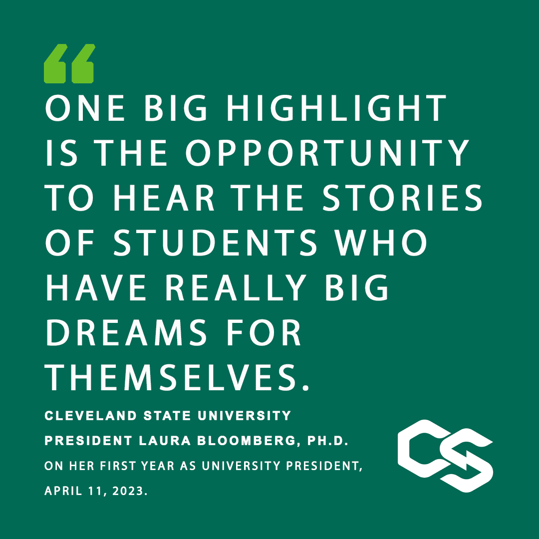 ClevelandStater's tweet photo. On April 27, 2022, Dr. Laura Bloomberg received a standing ovation from the faculty senate when introduced as the new president of Cleveland State University. Almost one year later, she can’t believe how time has flown by. https://t.co/DgynaYeYr5