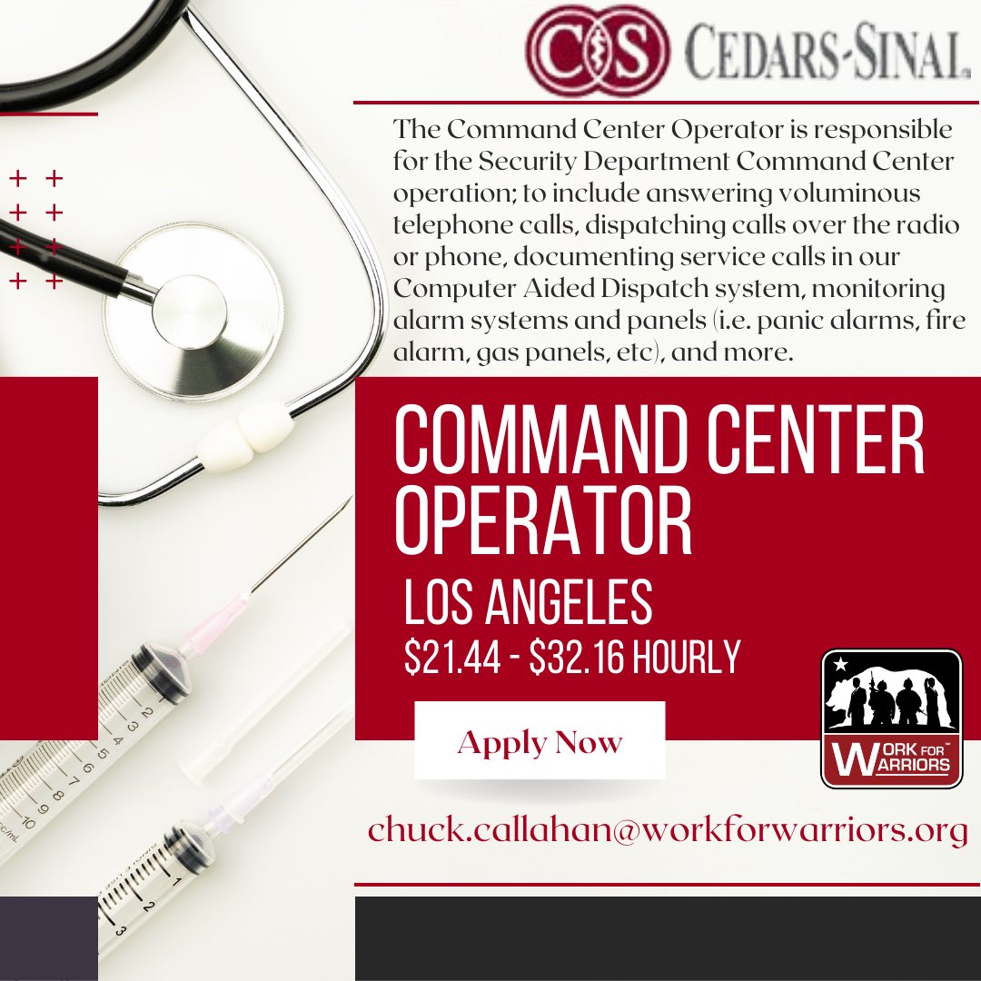 @CedarsSinai is hiring in #losangeles! Apply for this #commandcenter operator position at one of the top hospitals in the nation by emailing your resume to Chuck at chuck.callahan@workforwarriors.org #applynow #careeropportunities #cedarssinai #workforwarriors #staffingredefined