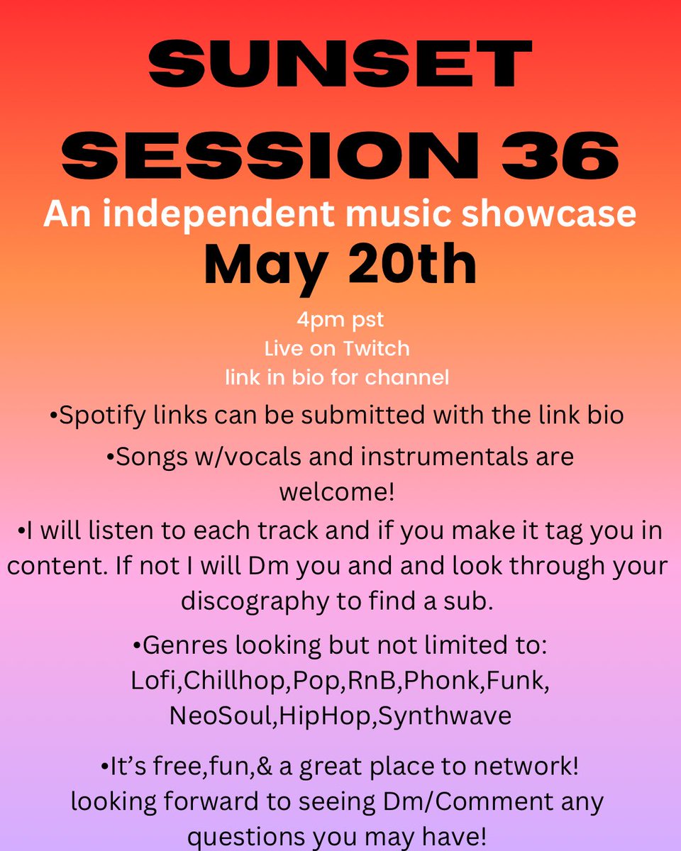 Independent artists! Let’s get it ! If you make 

Lofi,Chillhop,Pop,RnB,NeoSoul,Phonk,Funk,Synthwave

 I wanna present your music in front of people!

Check the pic below and if you have any questions feel free to ask!
#musicshowcase #IndependentMusic