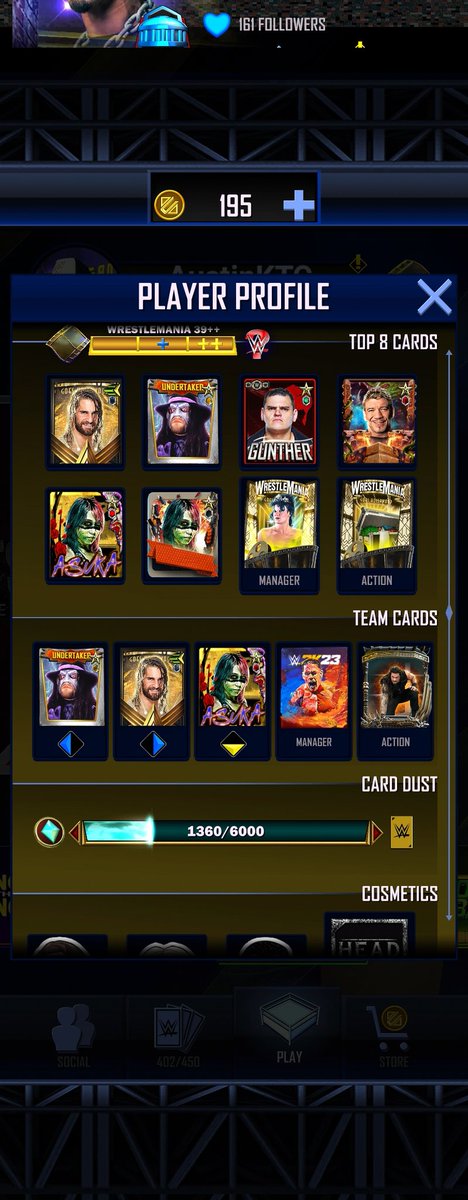 AustinKTC's tweet photo. Looking for an active team wrestlemania 39++ just now getting back to the game after taking a hiatus was an og player dm me or message in game @SUPERZOMGBBQ #WWESuperCard https://t.co/c66lyy0ZSL
