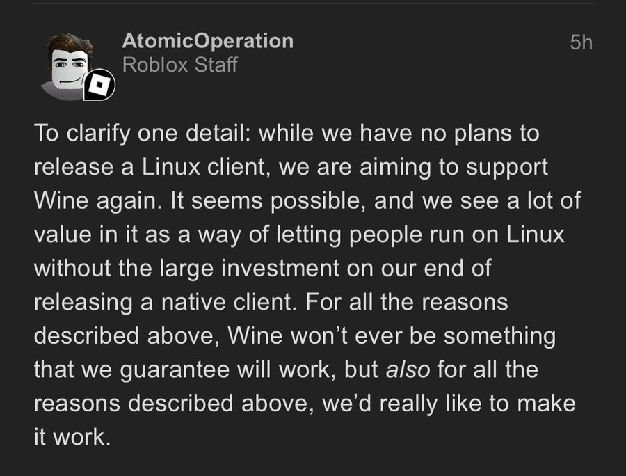 Roblox support returns to Linux with Wine