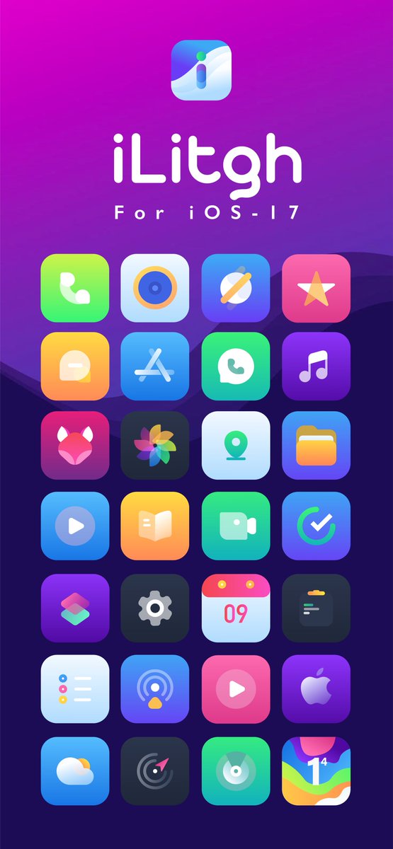 iLitgh for iOS-17 no-jailbroken live <a href="/gumroad/">Gumroad</a> 

Changelog:
- 2K high resolution icon files
- High contrast image gradient colour pallets
- include 60 PNG files keep continue update

Grab it here 👉awzedesign.gumroad.com/l/muzew

#theme #icons #iOS #iPhone #jailbreak #nojailbreak #iLitgh