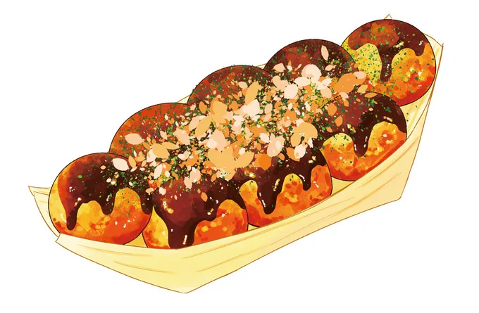 たこ焼きイラスト2種。 どっちのテイストも需要があるので一概にリアルにすればいいってわけでもなく。